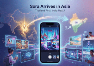 Smartphone displaying AI-generated video with a map of Asia highlighting Thailand and pointing toward India