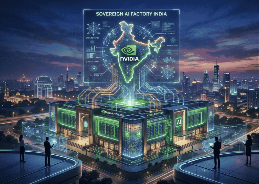 Futuristic 3D rendering of an advanced AI data center in India glowing with green digital networks, representing NVIDIA's sovereign AI infrastructure.