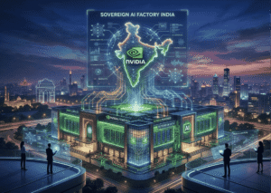 Futuristic 3D rendering of an advanced AI data center in India glowing with green digital networks, representing NVIDIA's sovereign AI infrastructure.