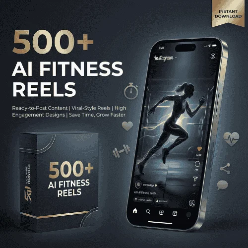 500+ AI Fitness Reels bundle featuring ready-to-post fitness and workout reel content for social media.