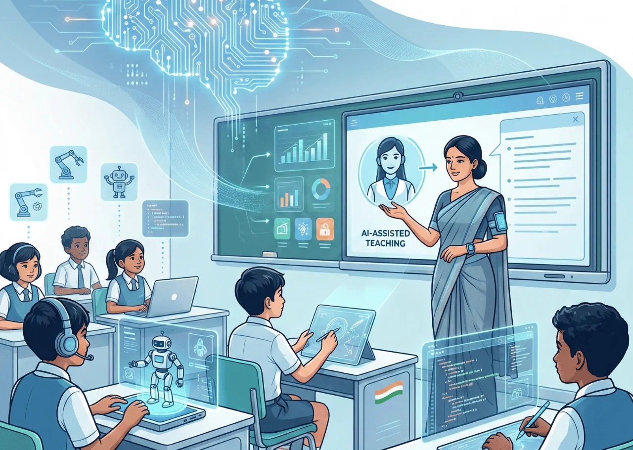 Teacher guiding Indian students using AI-powered tools in a futuristic classroom under Budget 2026 education reforms