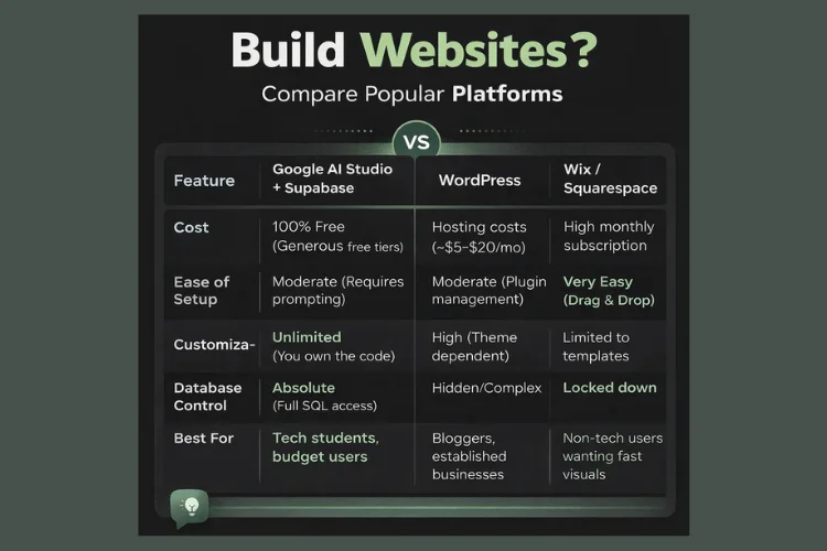 A professional 4:5 Instagram infographic titled "Best Website Platform for Students & Builders?" comparing Google AI Studio + Supabase against WordPress and Wix/Squarespace. The table highlights that Google AI Studio + Supabase is 100% free with unlimited customization and absolute database control.