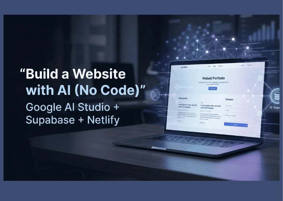 A modern laptop workspace showing a portfolio website UI with floating code snippets and a glowing neural network background, representing AI website building with Google AI Studio and Supabase.