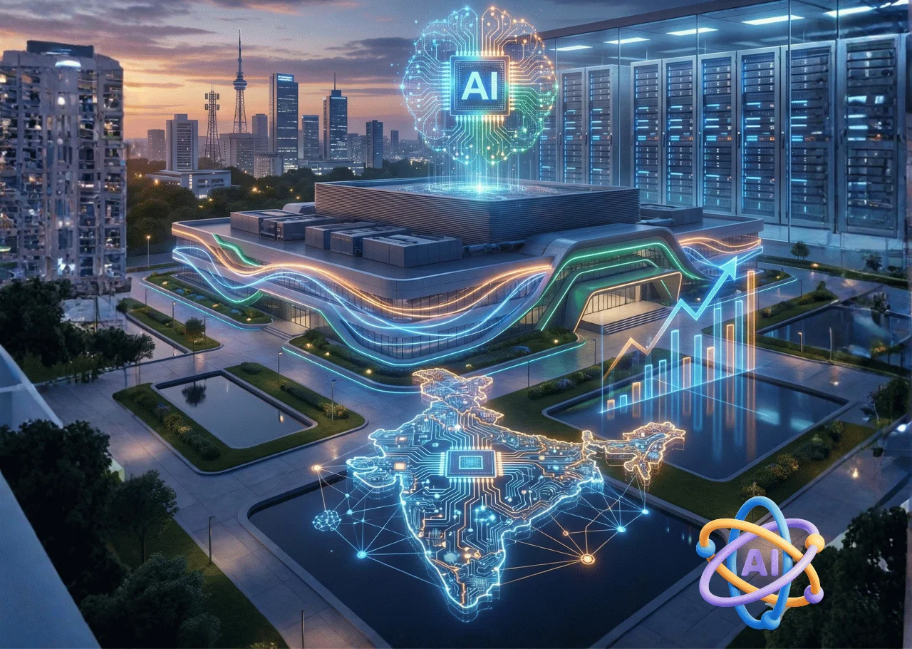 Modern data center in India with digital AI overlay symbolizing Union Budget 2026 tax holiday for AI infrastructure and sovereign computing.